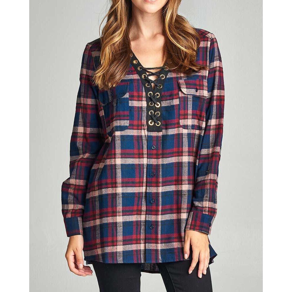 MOD Boutique Plaid Long Sleeve V-Neck Lace Up Front Flannel Shirt